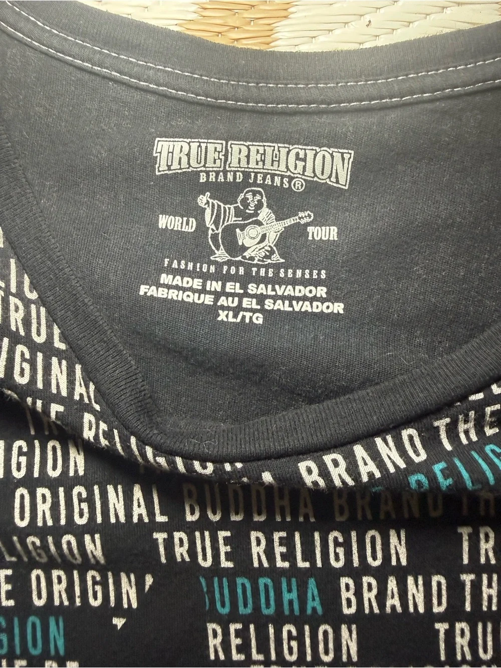 True Religion Black Short Sleeve Tee with White Logo and Teal Stripes